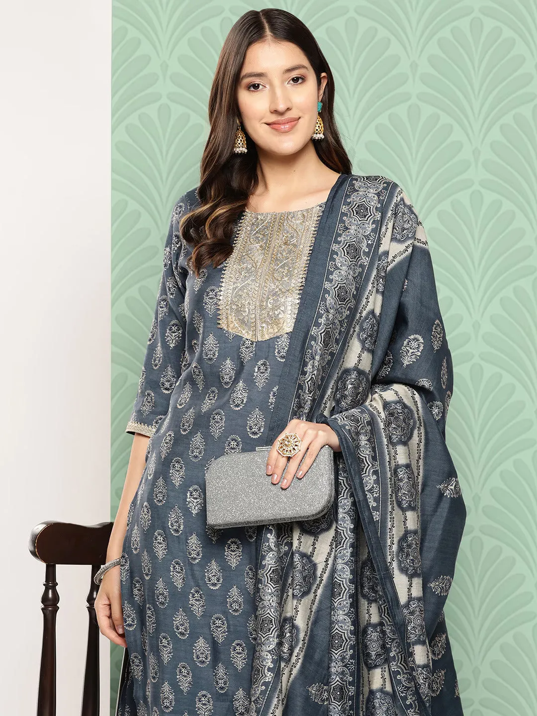 Women Blue Chanderi Silk Kurta Set With Dupatta