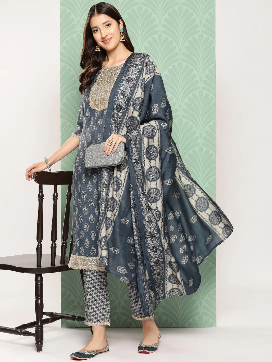 Women Blue Chanderi Silk Kurta Set With Dupatta