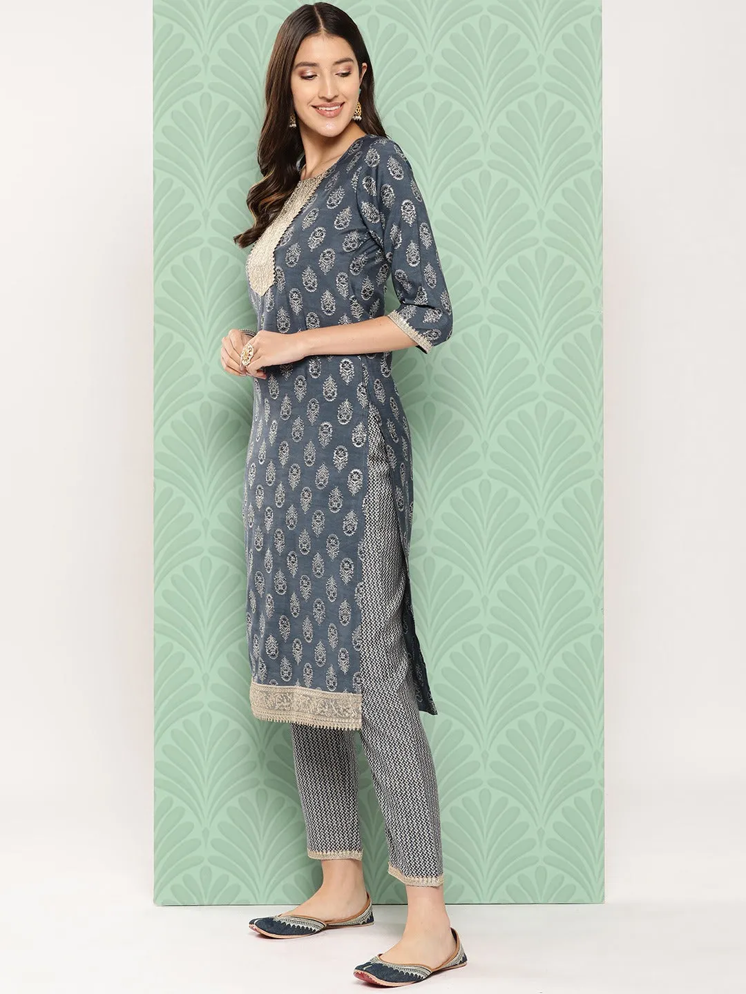 Women Blue Chanderi Silk Kurta Set With Dupatta