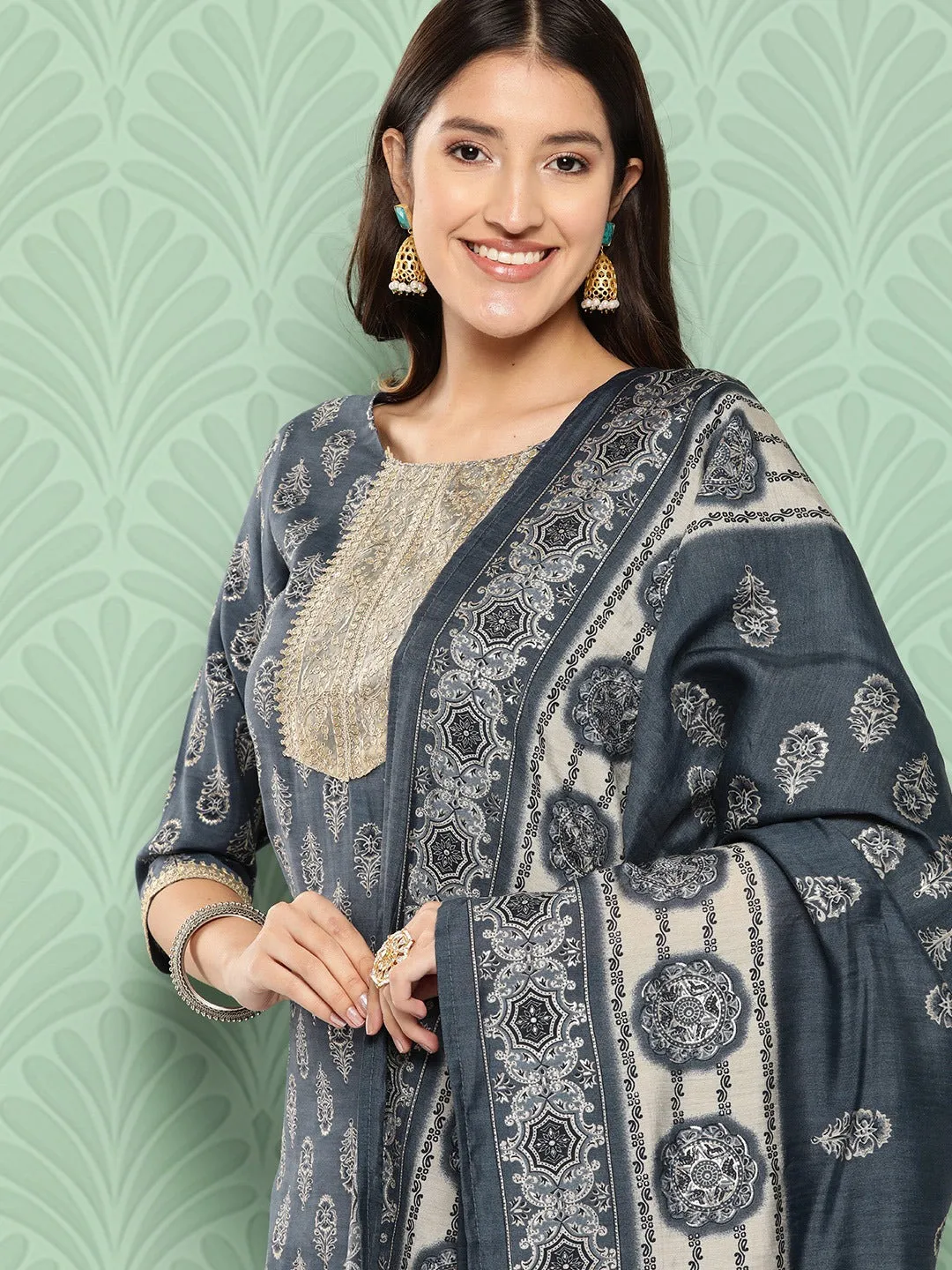 Women Blue Chanderi Silk Kurta Set With Dupatta