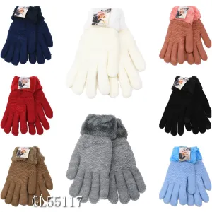 Women Cable Knit Fur Trim Lining Winter Gloves GL55117