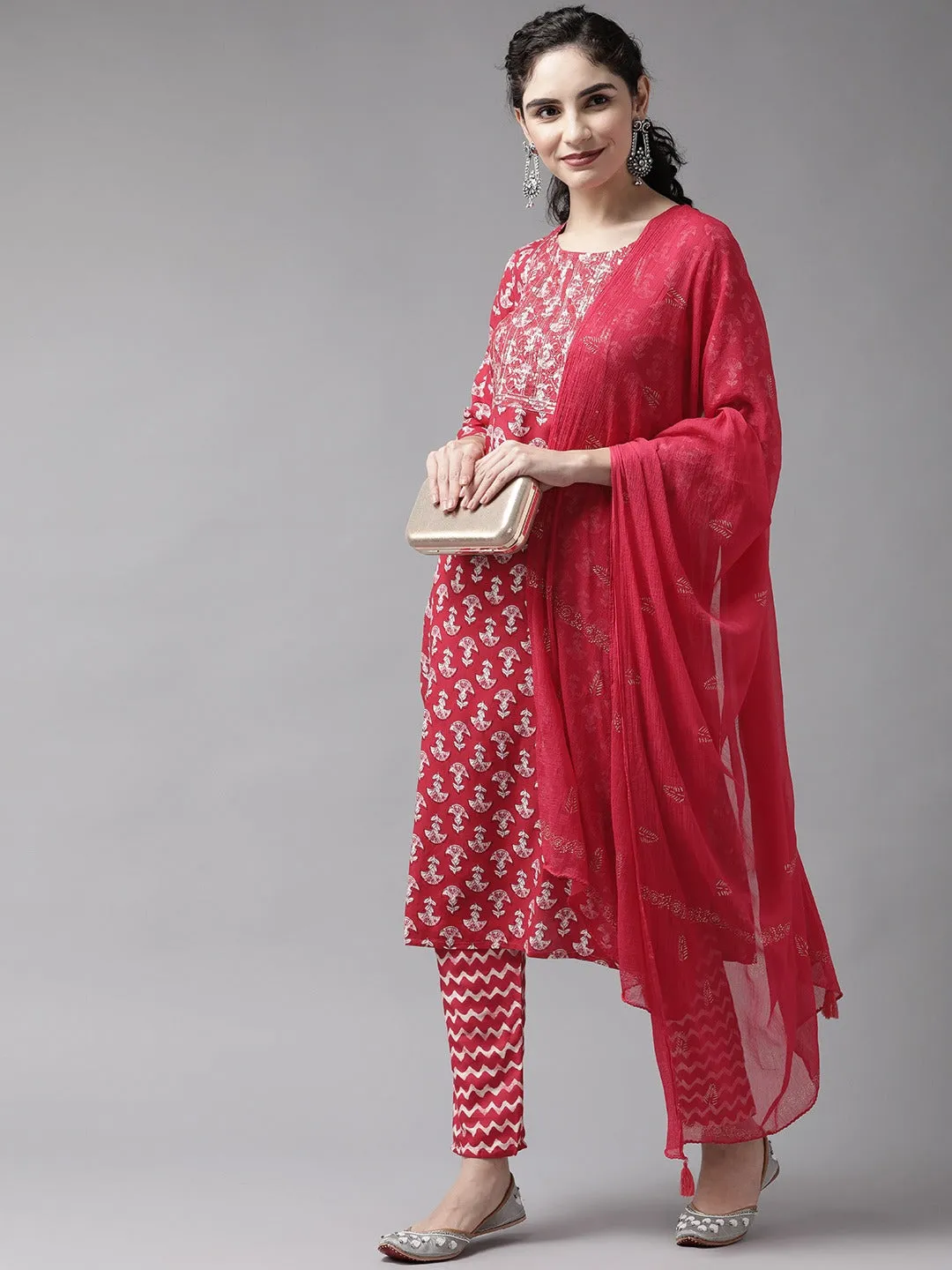 Women Pink Rayon Kurta Set With Dupatta