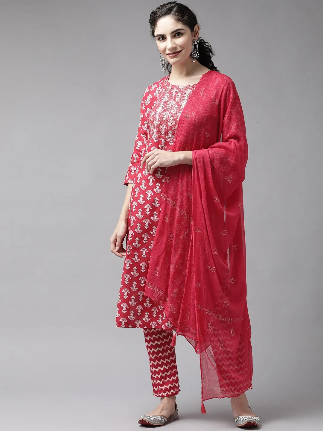 Women Pink Rayon Kurta Set With Dupatta