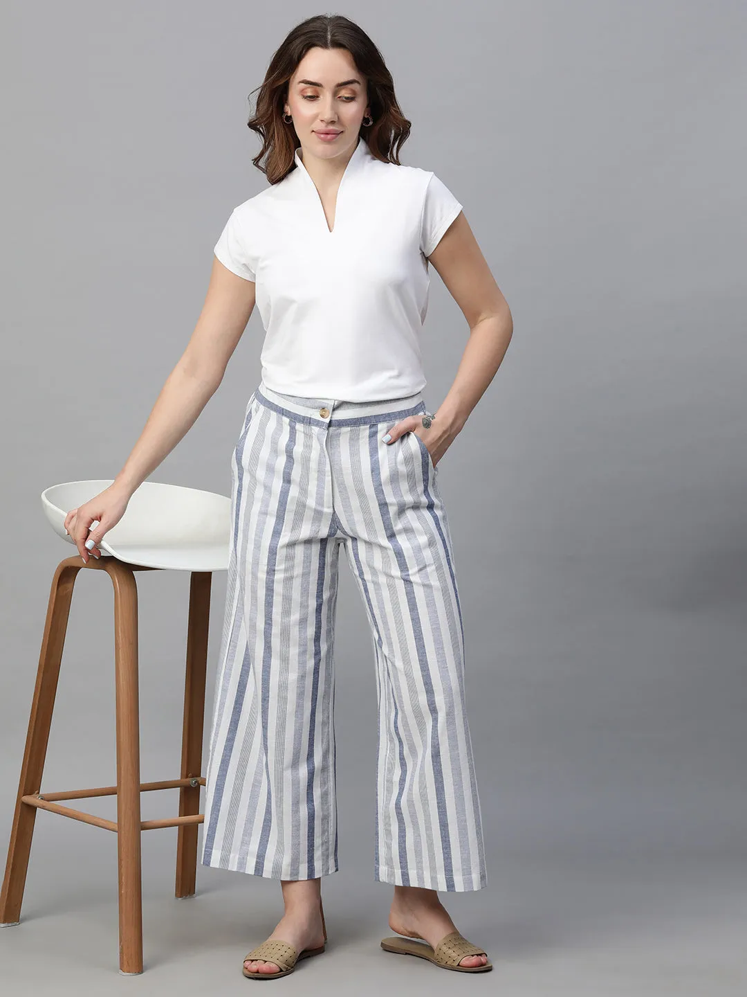 Women's Blue Cotton Linen Regular Fit Culotte