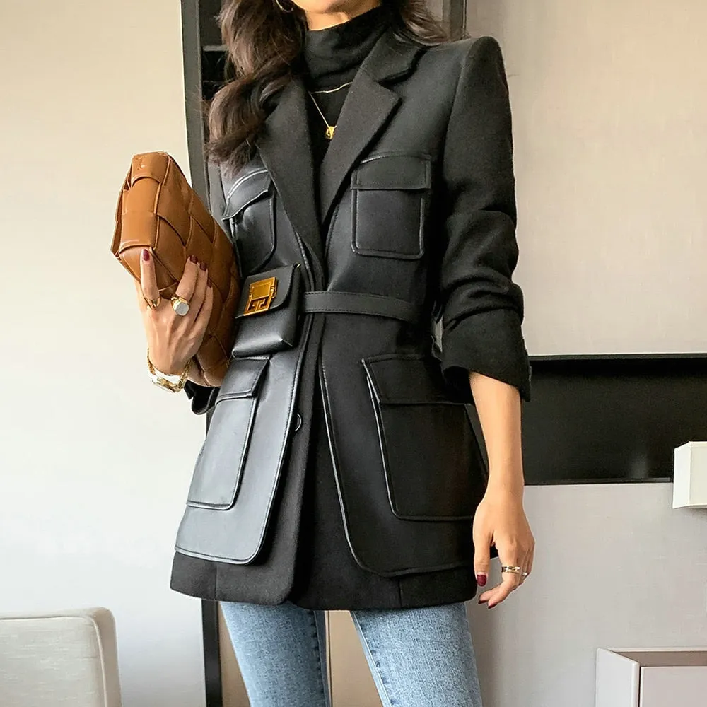 Women's Coat Autumn New PU Leather Patchwork Turn-down Collar Temperament Pocket Single Breasted Clothing