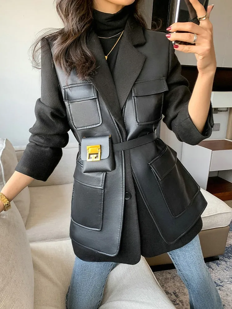 Women's Coat Autumn New PU Leather Patchwork Turn-down Collar Temperament Pocket Single Breasted Clothing