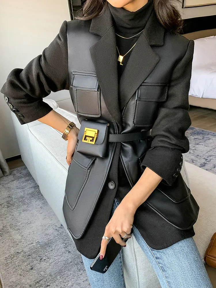 Women's Coat Autumn New PU Leather Patchwork Turn-down Collar Temperament Pocket Single Breasted Clothing