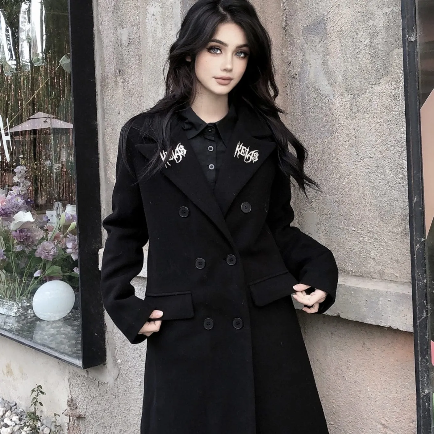 Women's Punk Turn-down Collar Double-breasted Long Coat