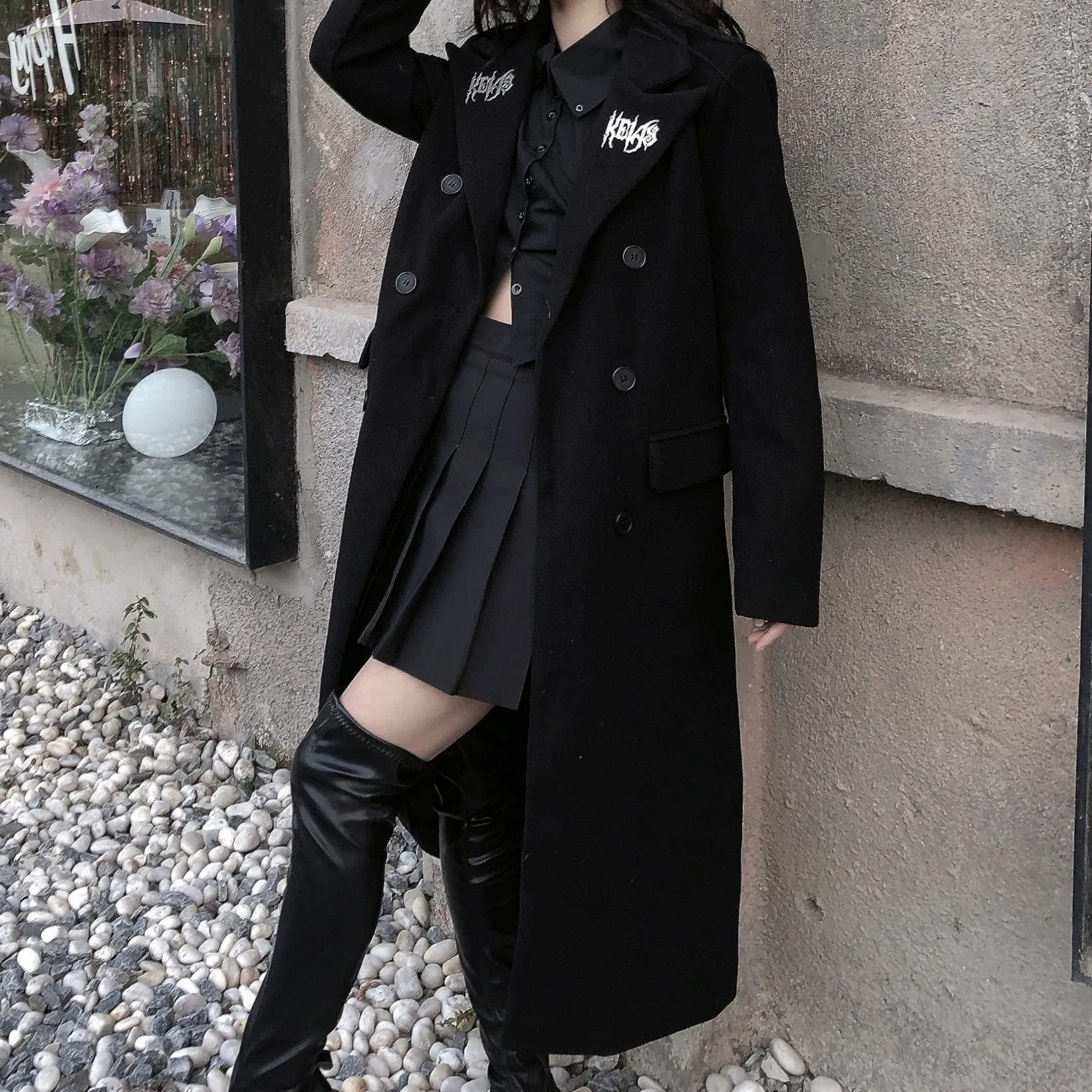 Women's Punk Turn-down Collar Double-breasted Long Coat