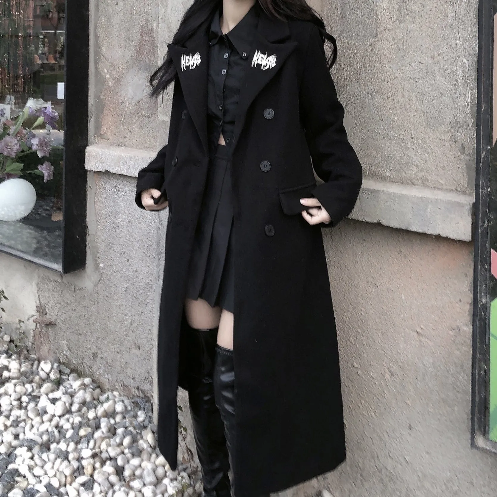 Women's Punk Turn-down Collar Double-breasted Long Coat