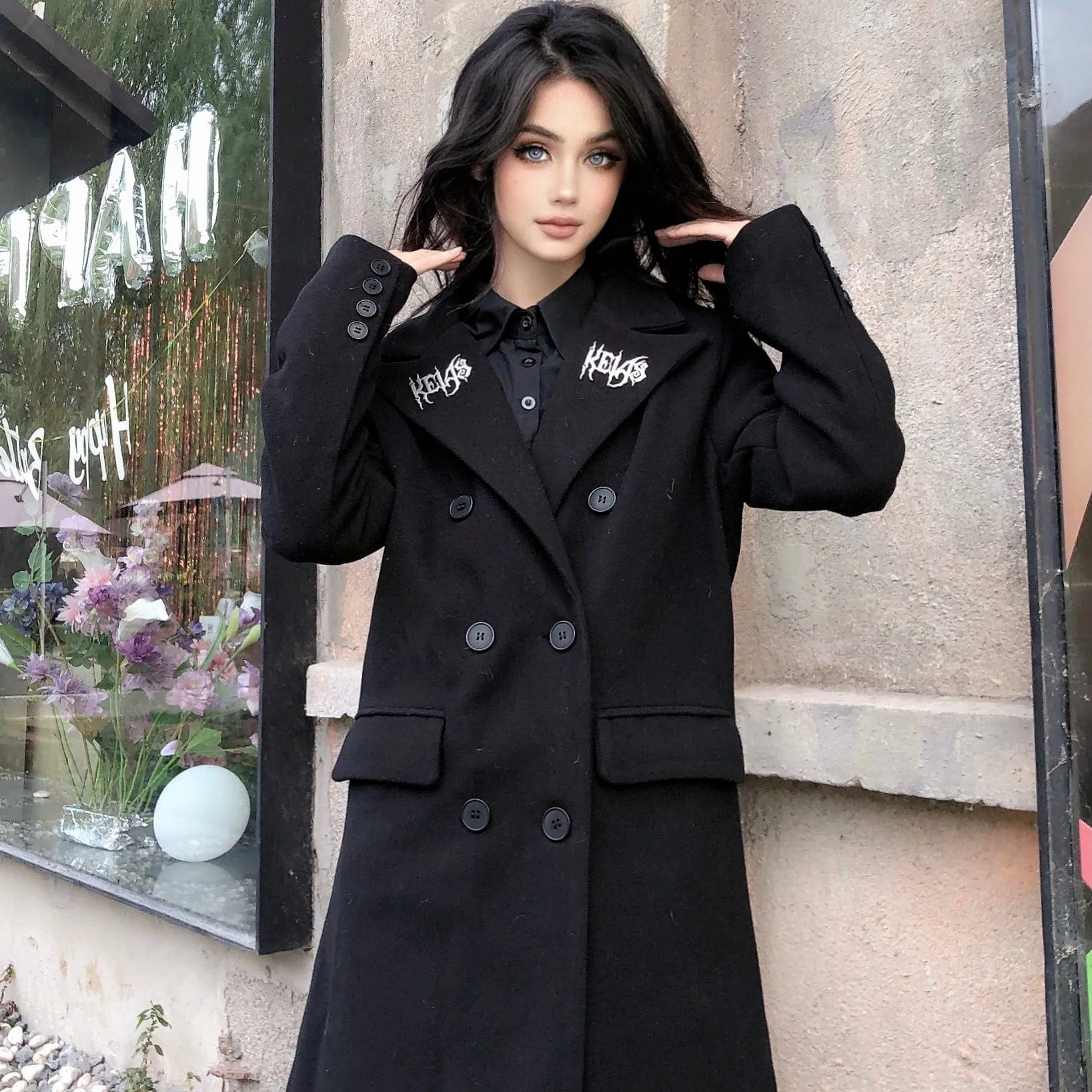 Women's Punk Turn-down Collar Double-breasted Long Coat