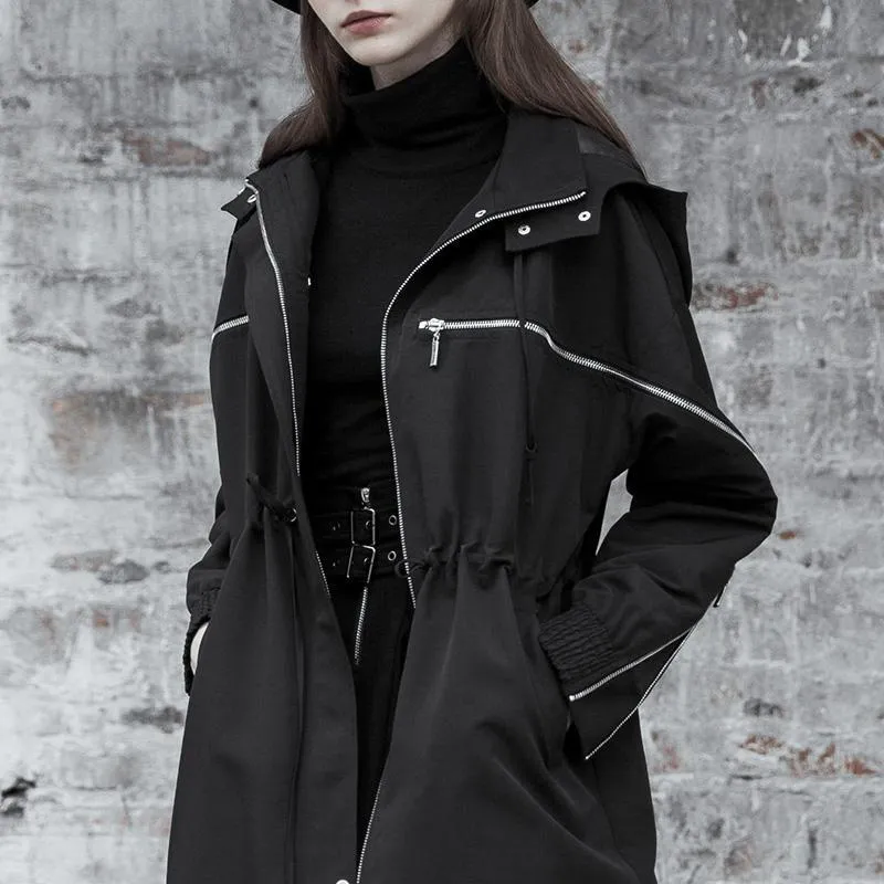 Women's Punk Turn-down Collar Zipper Strappy Hooded Coat