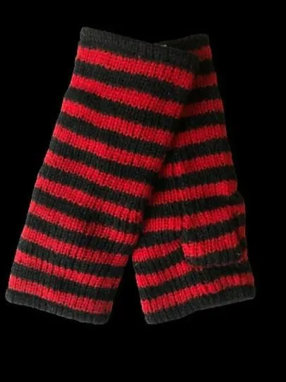 Wool Knit Fleece Lined  Wrist Warmers - Stripe Red Black