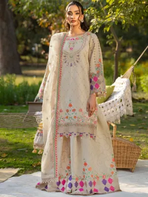 Zarqun Gold-Beige Embroidered Luxury Khadi Cotton Suit with Palazzo (2414A)